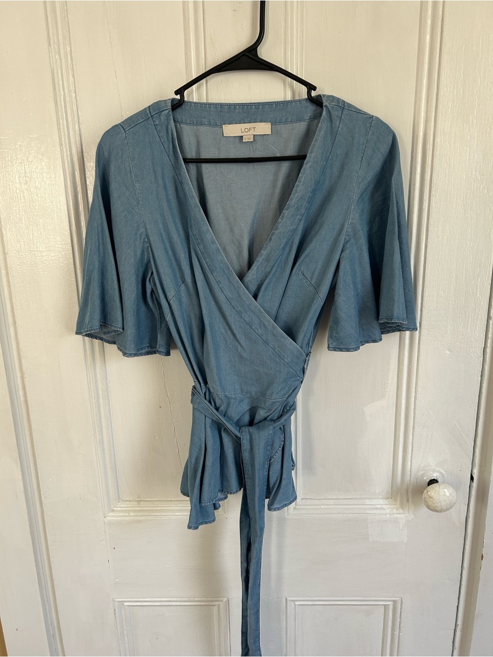 LOFT Light Blue Chambray Wrap Peplum Top